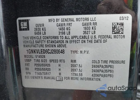 2012 Chevrolet Traverse Ltz z USA, uszkodzony, nr VIN 1GNKVLED6CJ280648